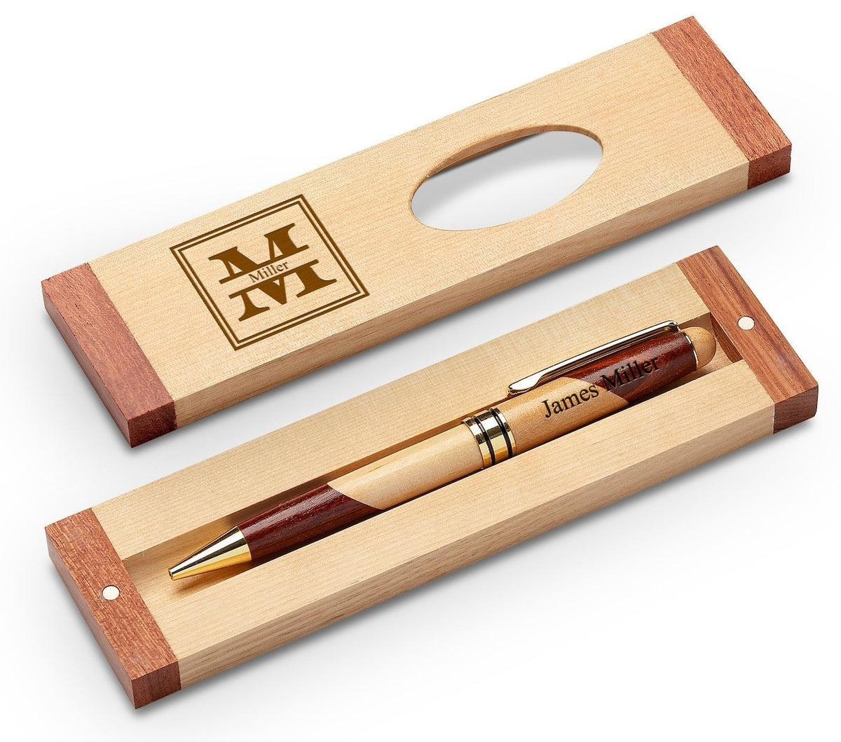 Split Monogram Theme Personalized Maple & Rosewood Engraved Pen and Box