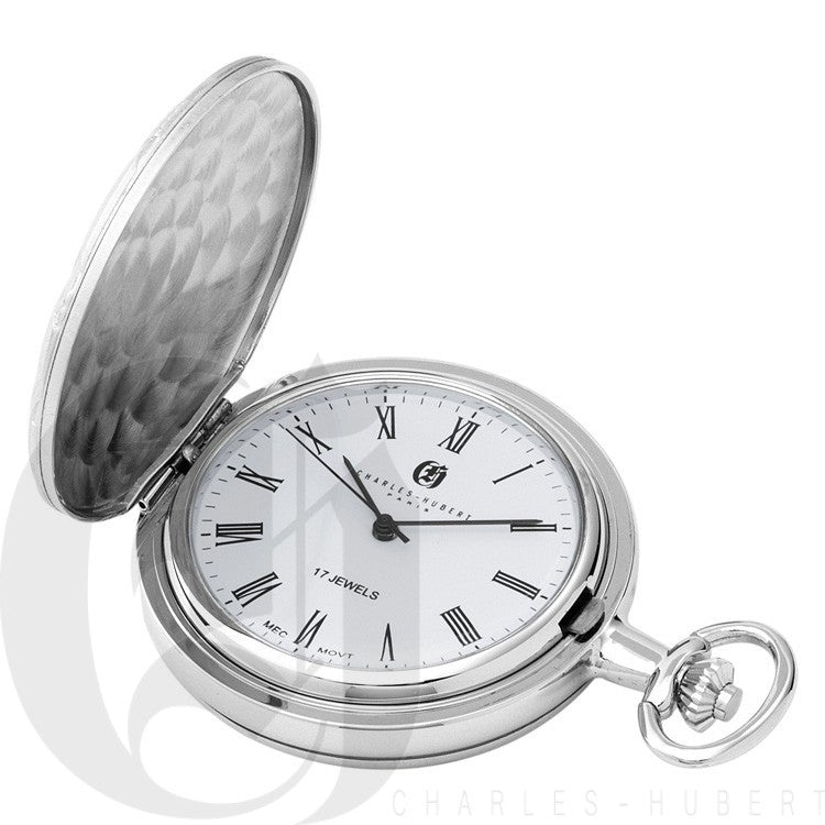 Basketweave Silver Mechanical Charles Hubert Pocket Watch & Chain #3841-WR - Executive Gift Shoppe