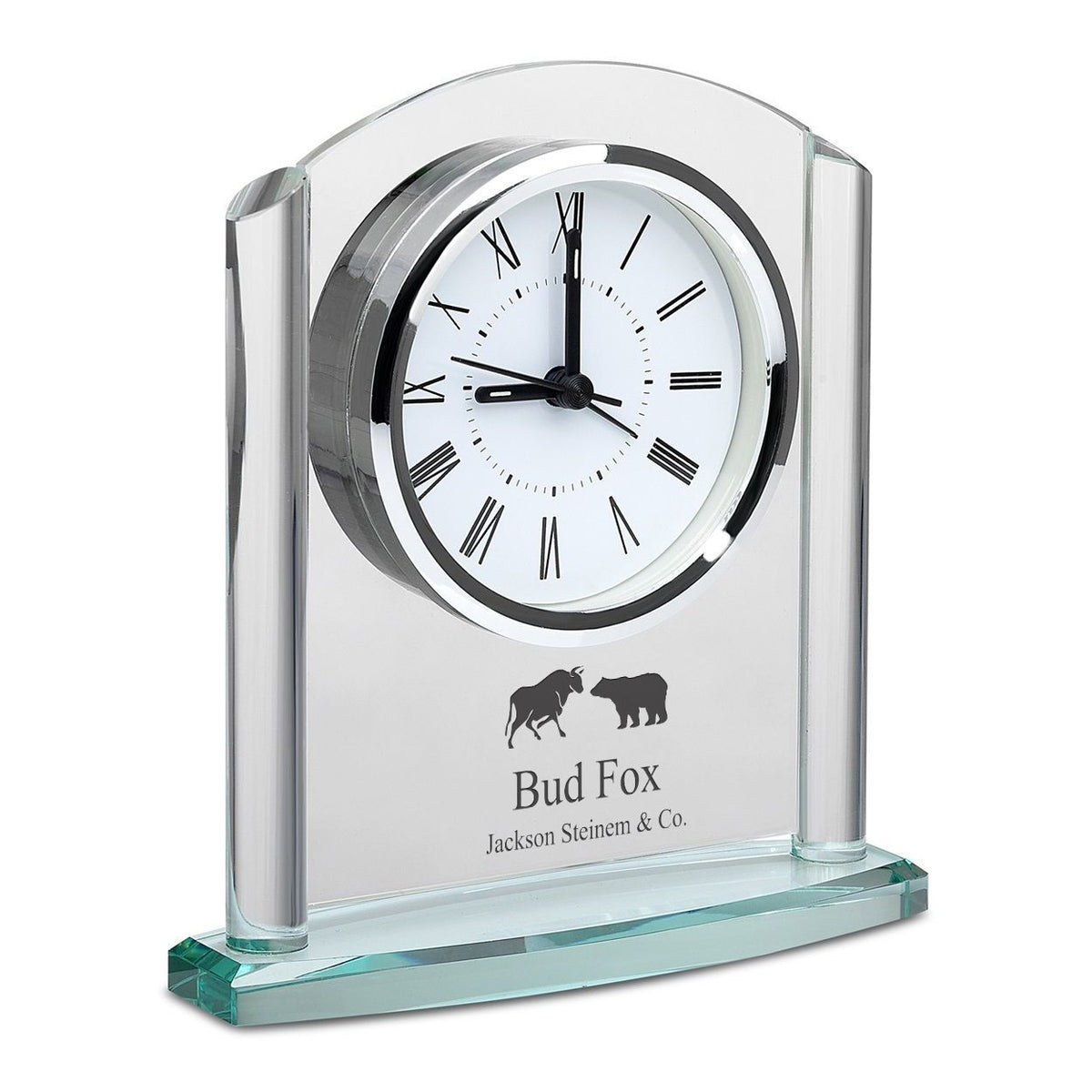 Bull & Bear Arched Glass Personalized Desk Clock with Silver Finish Accents