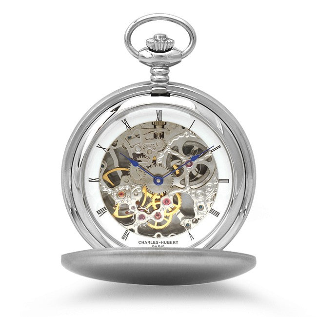 Brushed Stainless Steel Mechanical Pocket Watch & Chain - Executive Gift Shoppe