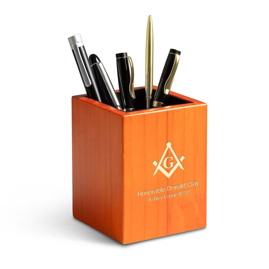 Saddle Finish Wood Masonic Theme Personalized Pen and Pencil Cup