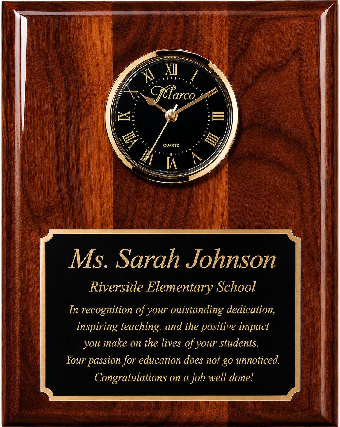 Personalized Piano Finish Walnut Recognition Plaque with Inlaid Clock with Black Dial
