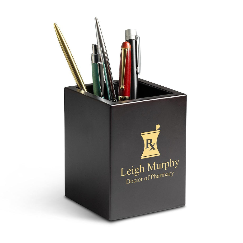 Cherry Finish Wood Pharmacist Theme Personalized Pen and Pencil Cup