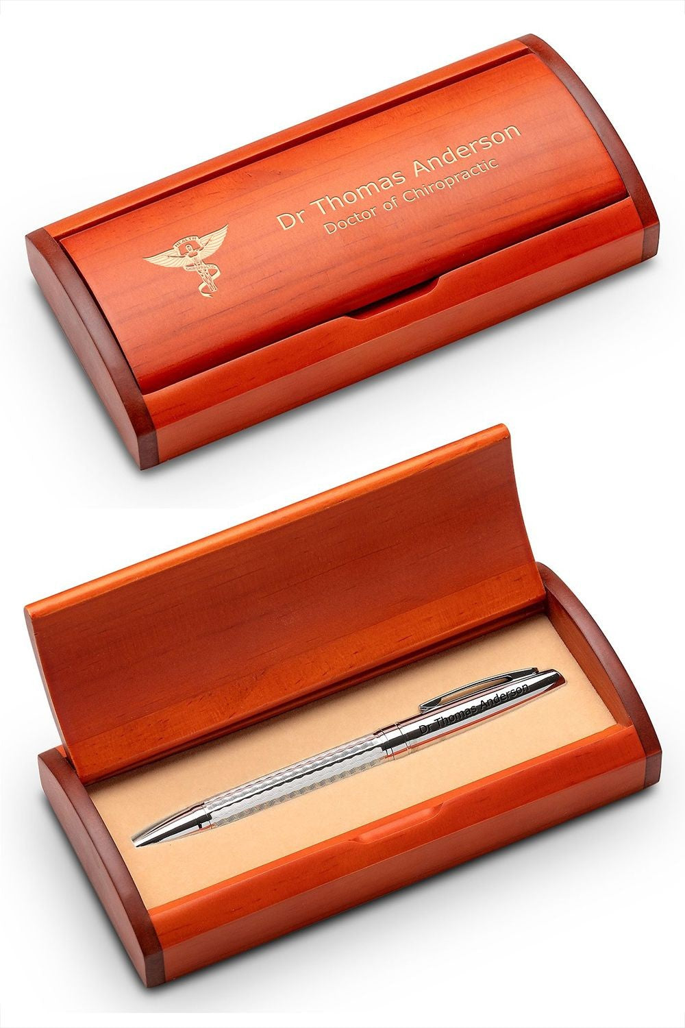 Diamond Cut Personalized Ballpoint Pen with Wood Box for Chiropractors