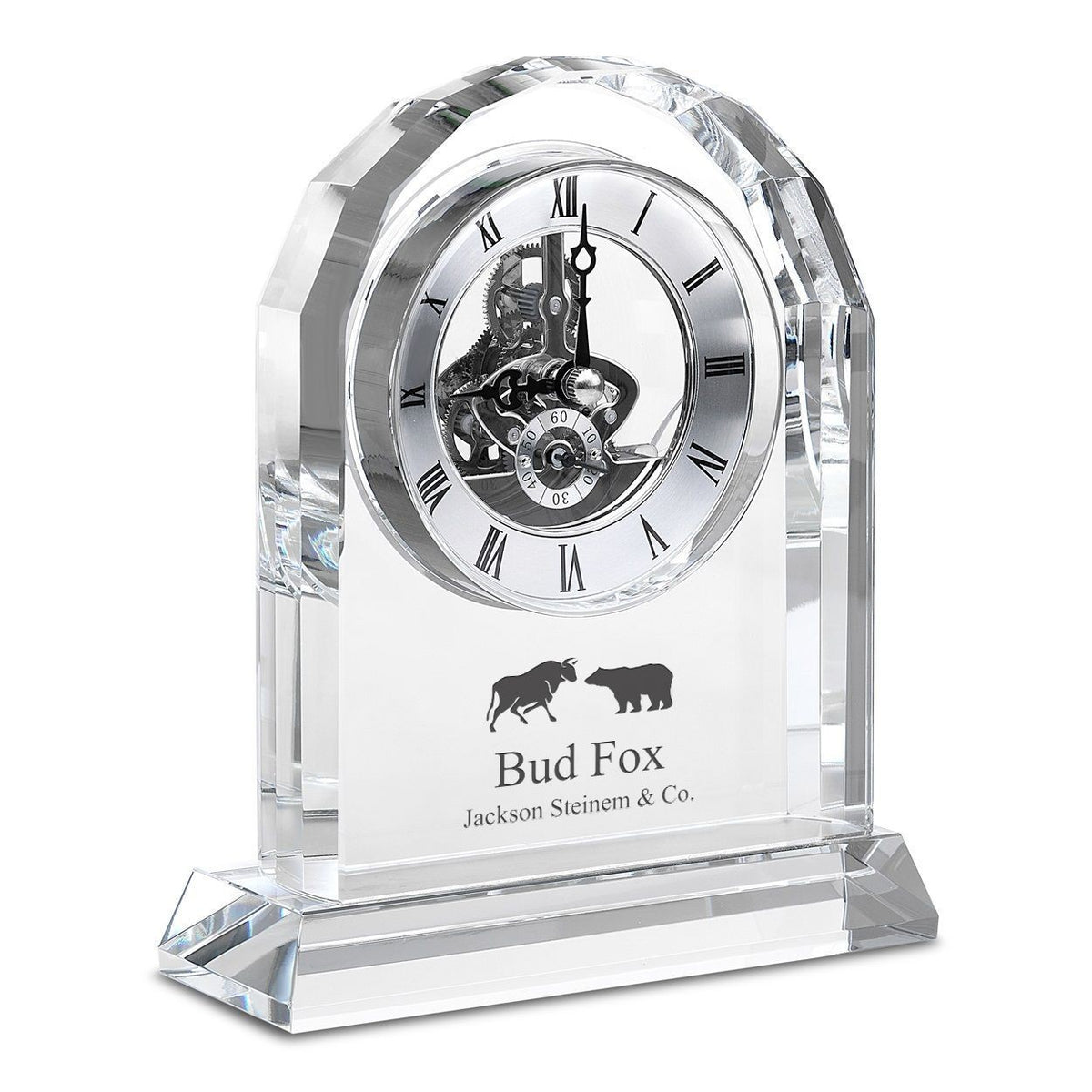 Bull & Bear Solid Crystal Personalized Quartz Clock With Arched Top