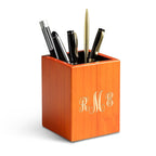 Script Monogram Theme Personalized Saddle Finish Wood Pen and Pencil Cup