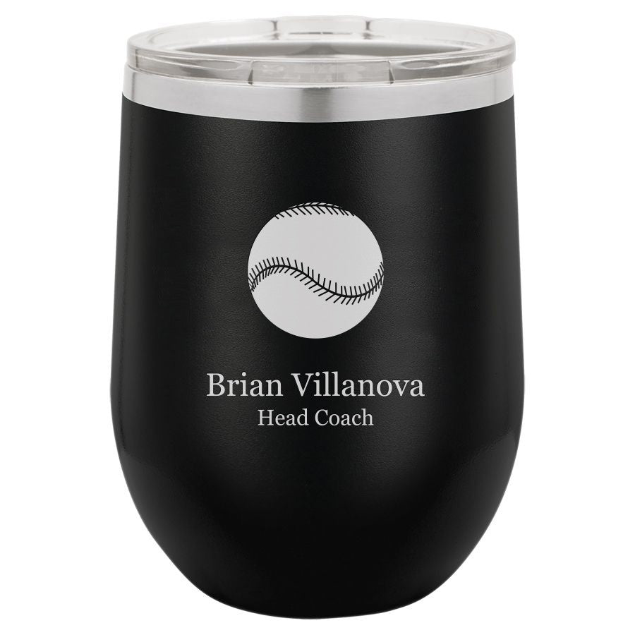 Baseball Themed 12 Ounce Black Personalized Stemless Wine Glass