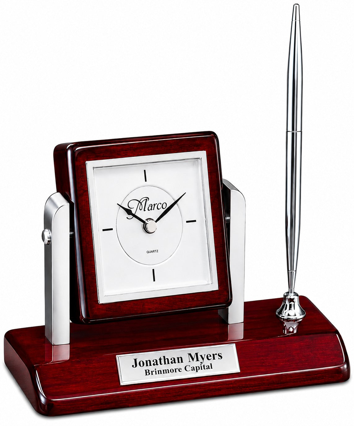 Rosewood & Silver Personalized Pen Stand & Clock