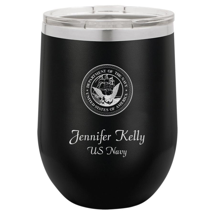 Navy Emblem 12 Ounce Black Insulated Stemless Wine Glass