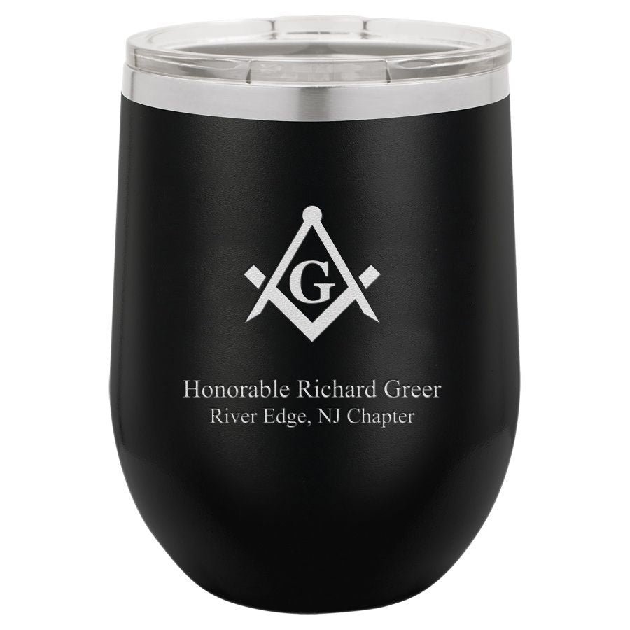 Masonic Emblem 12 Ounce Black Insulated Stemless Wine Glass