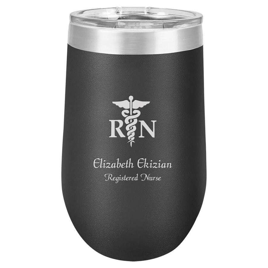 Nurse Emblem 16 Ounce Black Insulated Stemless Wine Glass
