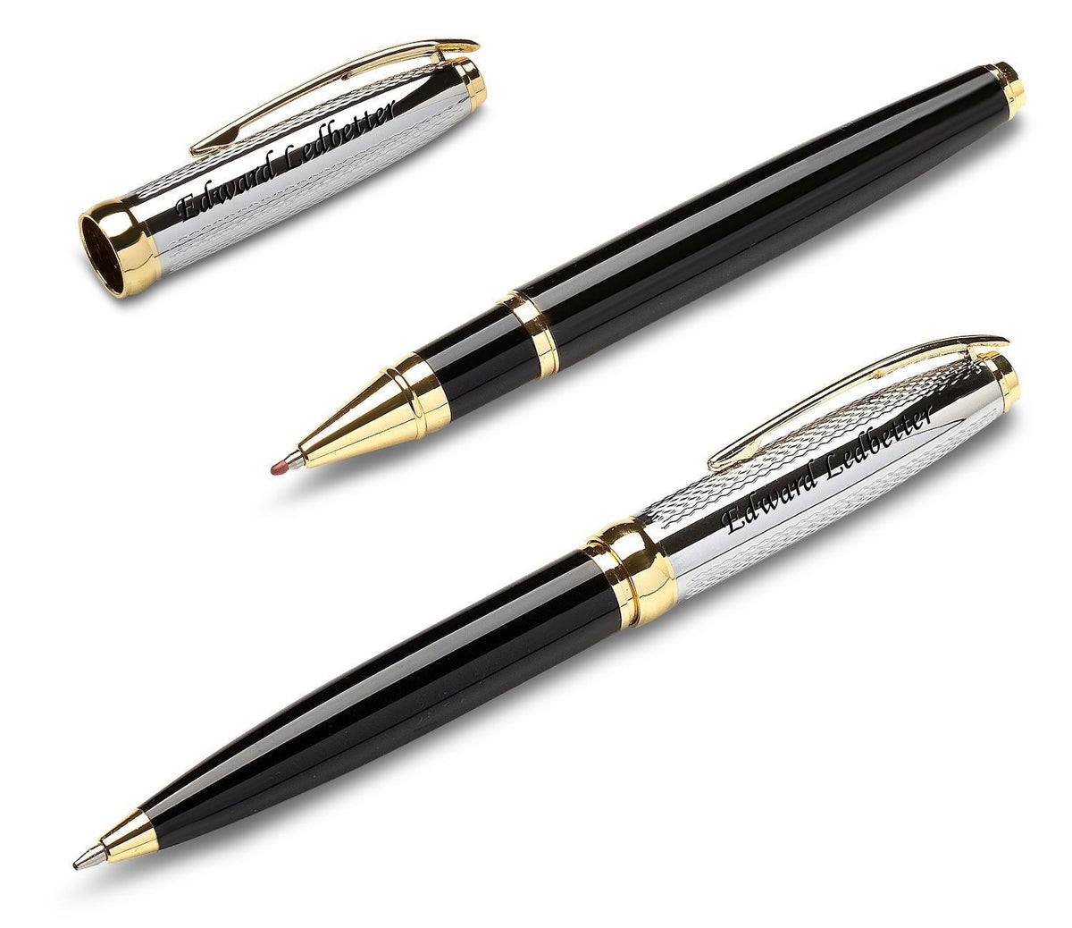 Personalized Black & Gold Dual Pen Set With Cherry Finished Box