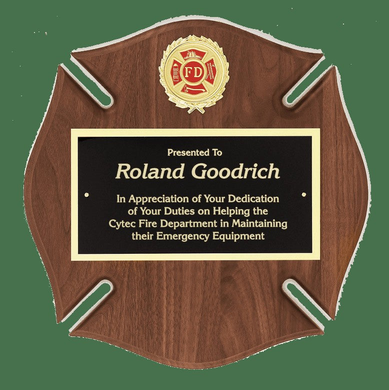 Personalized Walnut Maltese Cross Firefighter's Plaque