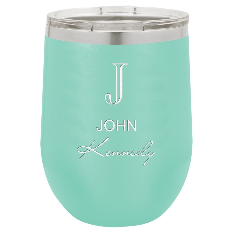 Full Name Monogram 12 Ounce Teal Insulated Stemless Wine Glass