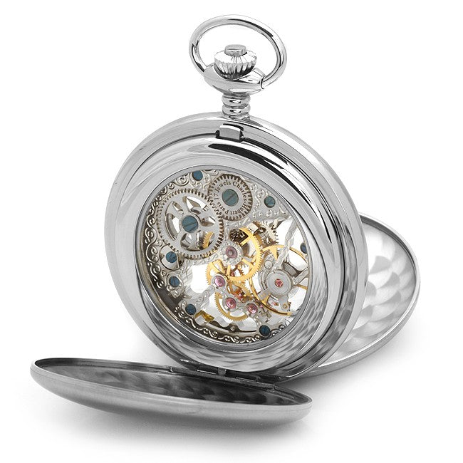 Brushed Stainless Steel Mechanical Pocket Watch & Chain - Executive Gift Shoppe