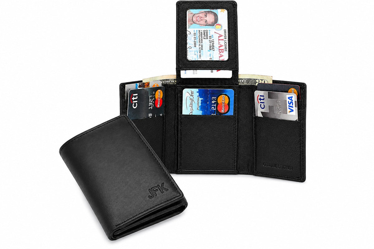 RFID Blocking Black Leather Trifold Wallet With Flip Up ID Holder