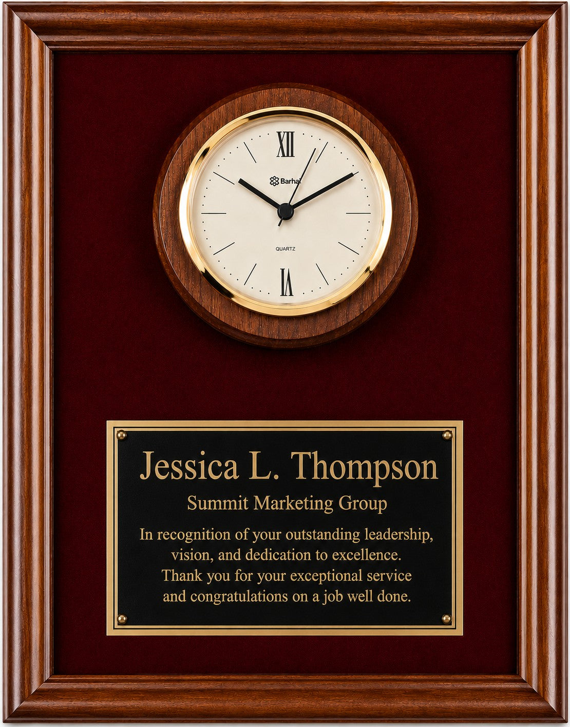 Personalized Genuine Walnut Recognition Plaque with Inlaid Clock and Red Velour Face