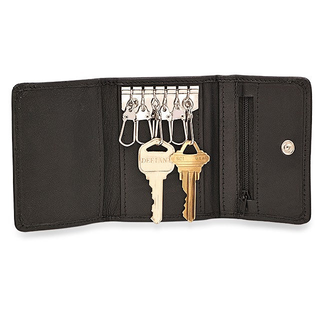 Black Leather Trifold Key Holder Wallet With Zipper Change Pouch
