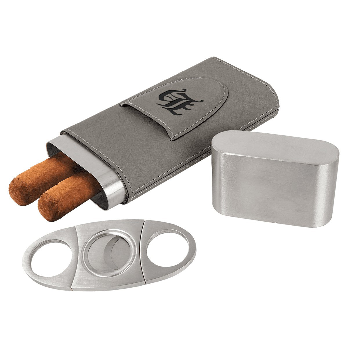 Personalized Steel Cigar Case with Cutter with Gray Wrap