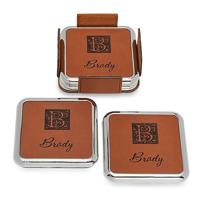 Monogrammed Rawhide And Silver Square Coaster Set