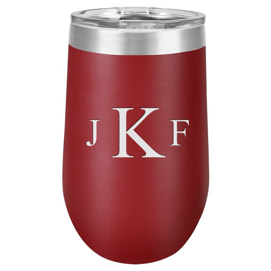 Roman Monogram 16 Ounce Maroon Insulated Stemless Wine Glass
