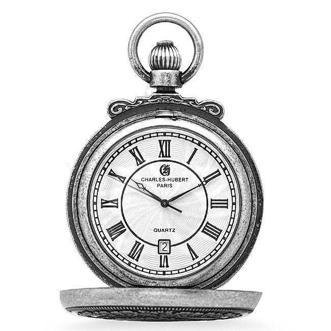 Antique Silver Quartz Railroad Charles Hubert Pocket Watch & Chain #3863-S - Executive Gift Shoppe