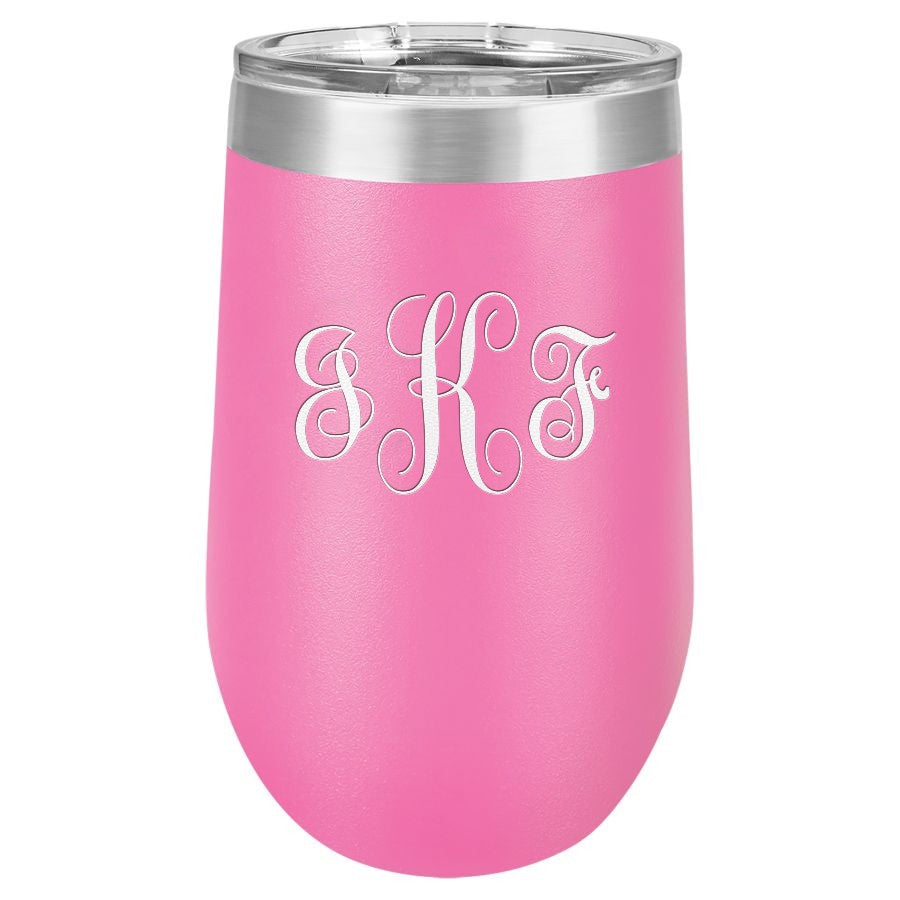 Script Monogram 16 Ounce Pink Insulated Stemless Wine Glass