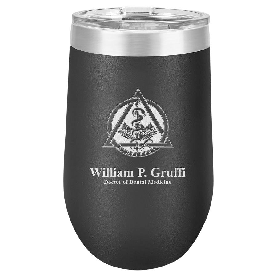 Dentist Emblem 16 Ounce Black Insulated Stemless Wine Glass
