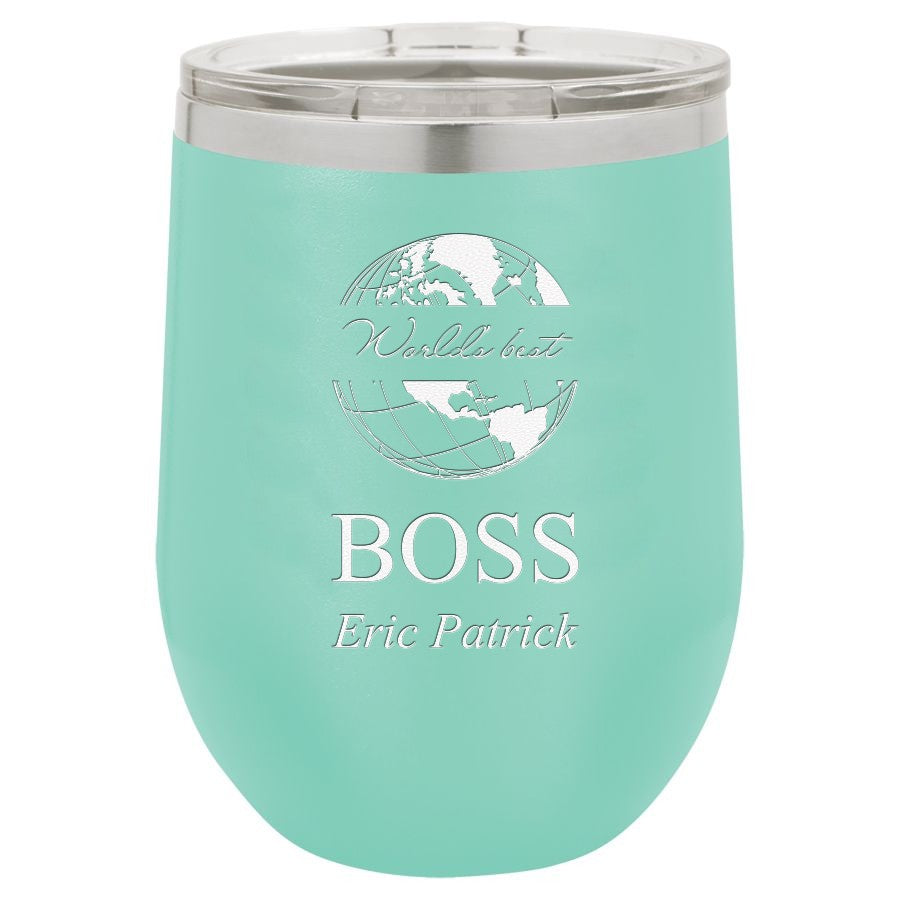 World's Best Boss Personalized 12 Ounce Teal Insulated Stemless Wine Glass