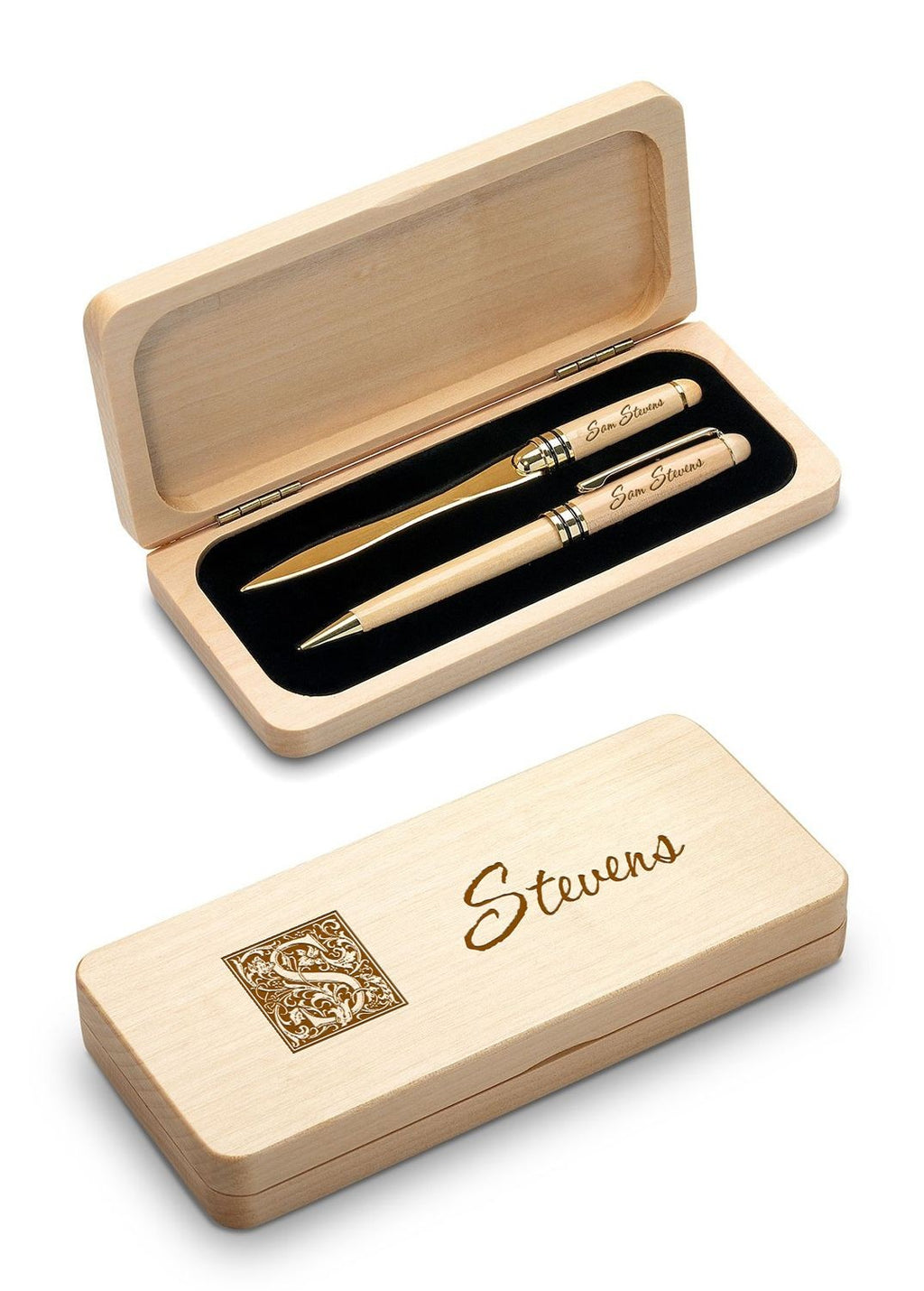 Last Name Monogram Elegance Collection Maple Wood Pen & Letter Opener Set