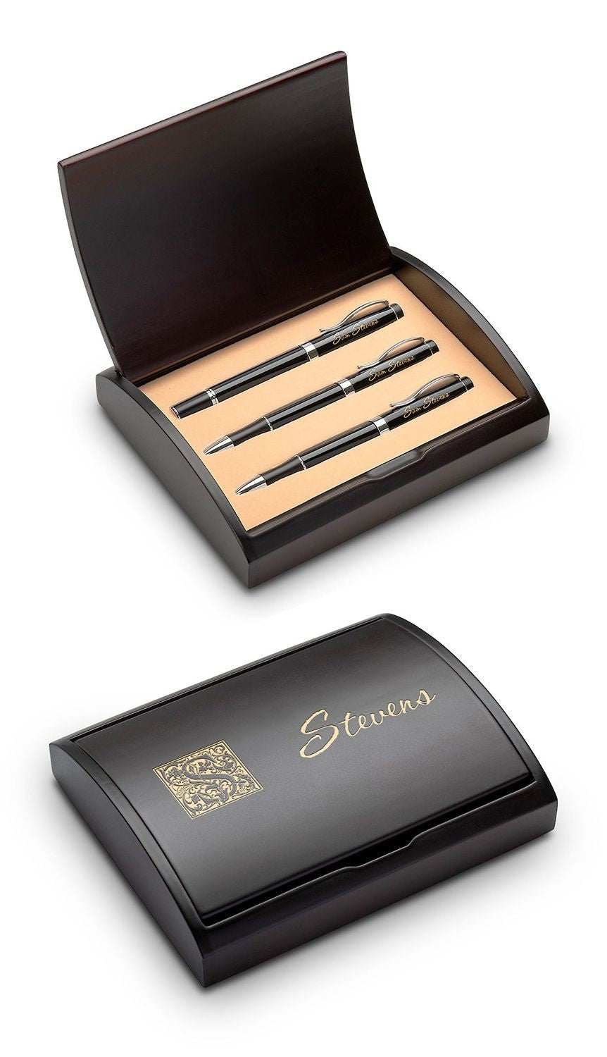 Last Name Monogram Laser Engraved Three Piece Black & Silver Pen & Pencil Gift Set