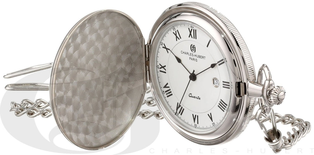 Silver Tone Quartz Charles Hubert Pocket Watch & Chain #3940 - Executive Gift Shoppe