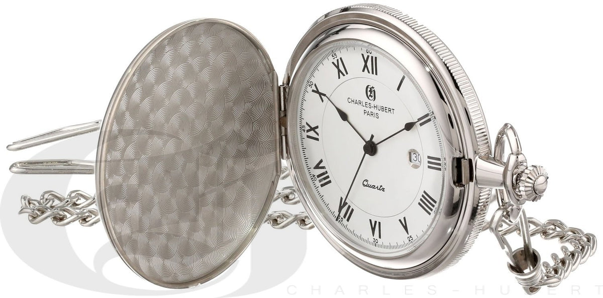Silver Tone Quartz Charles Hubert Pocket Watch & Chain #3940 - Executive Gift Shoppe