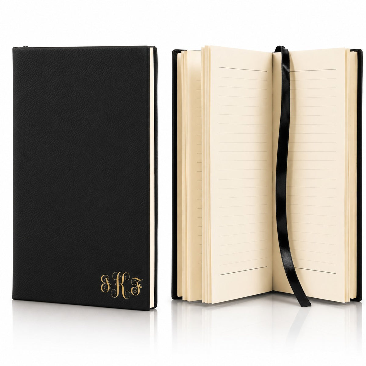 Black & Gold Journal with Black Satin Bookmark with Script Monogram