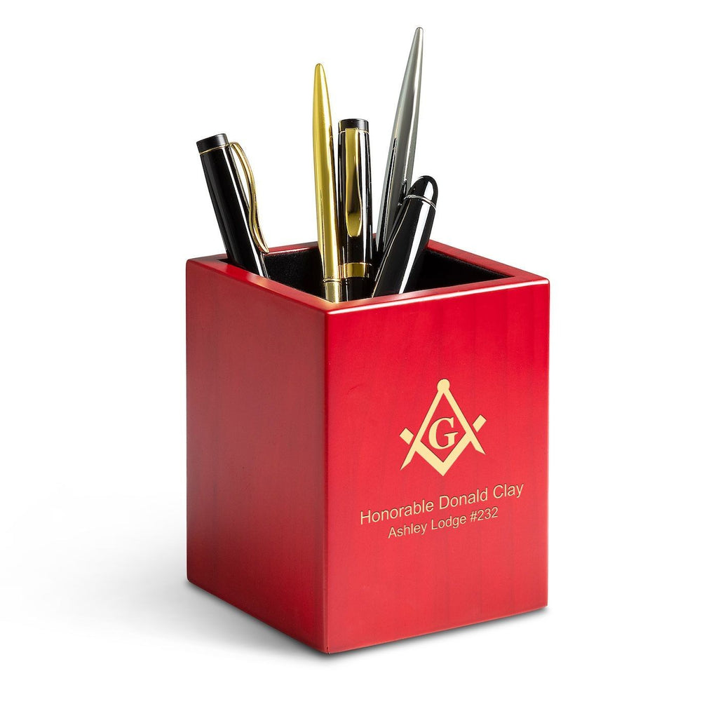 Rose Finished Wood Masonic Theme Personalized Pen and Pencil Cup