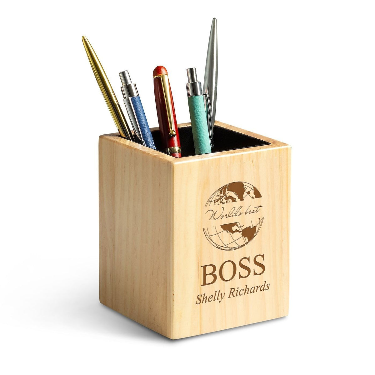 Maple Wood World's Best Boss Personalized Pen and Pencil Cup