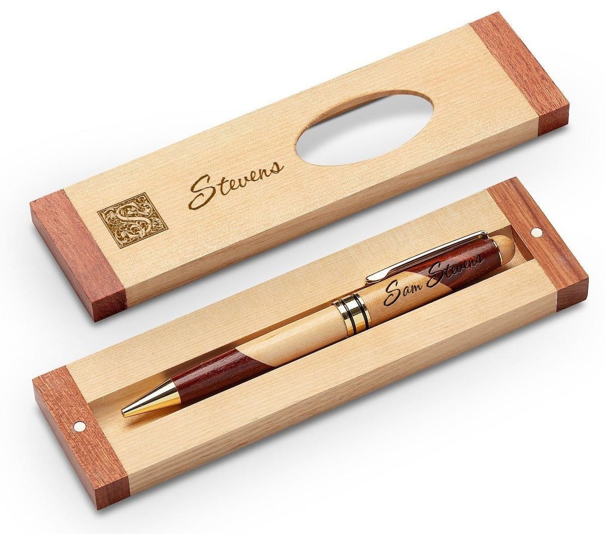 Last Name Monogram Theme Personalized Maple & Rosewood Engraved Pen and Box