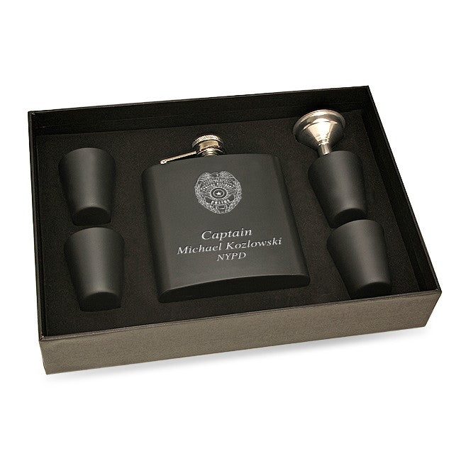 Police Officer's Personalized Black Flask & Shot Cups Gift Set