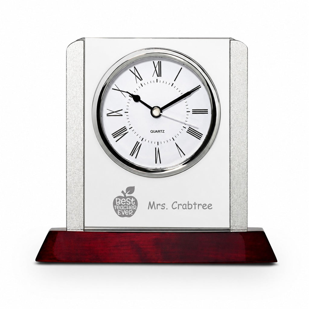 Prestige Collection Best Teacher Ever Theme Personalized Rosewood, Glass & Steel Desktop Clock